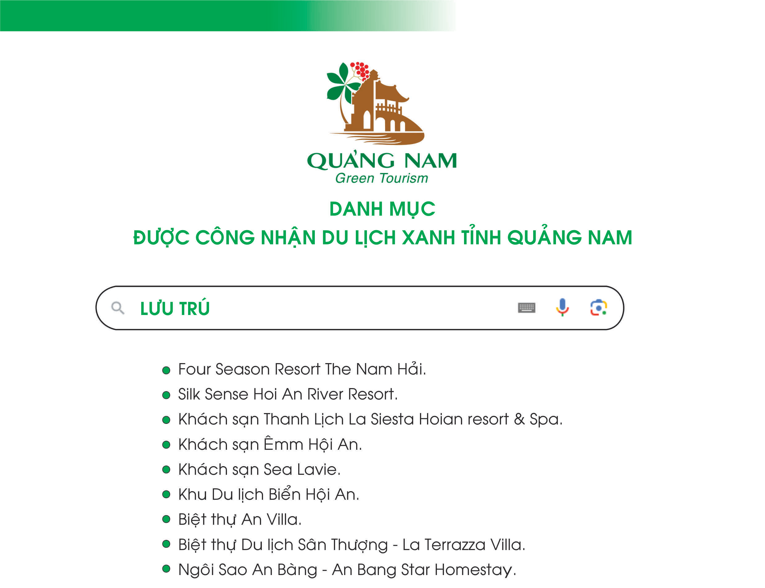 Danh mục được công nhận du lịch xanh tỉnh Quảng Nam